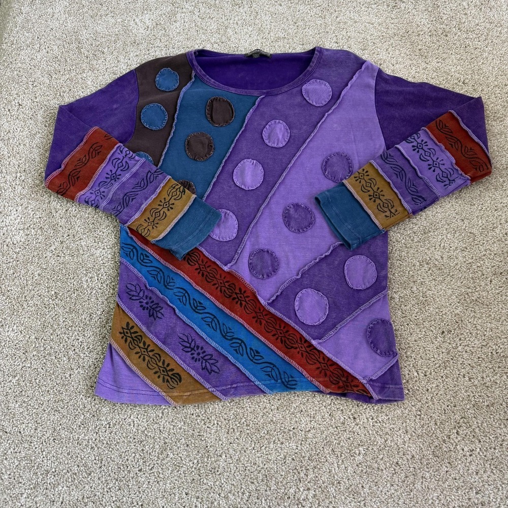 GreaterGood Shirt Womens Large Purple Boho Polka Dot Patchwork Long Sleeve Top